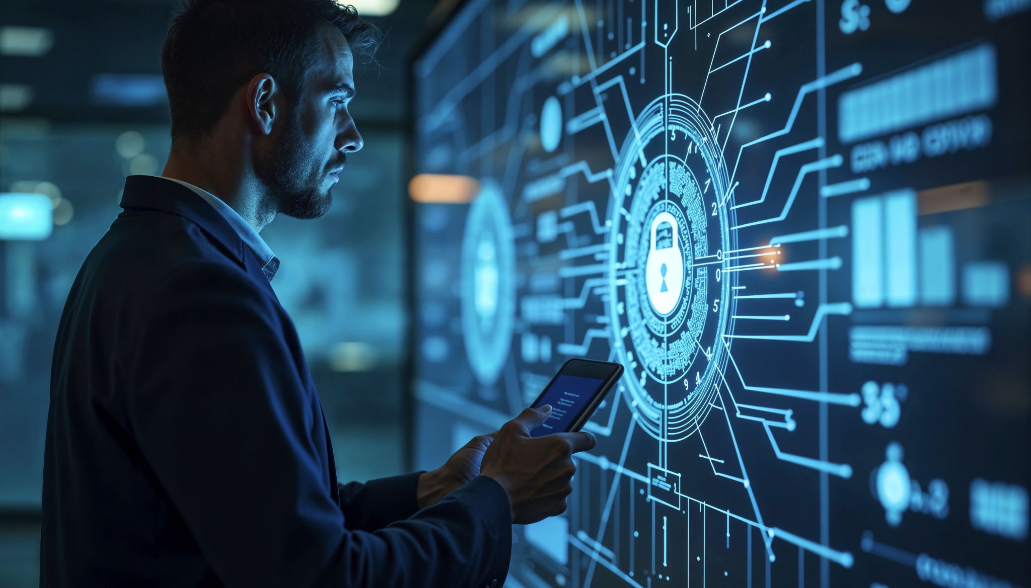 Cybersecurity specialist viewing a digital security system
